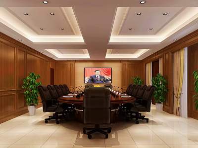 Conference Room With Wooden Walls Round Table Black Chairs Ceiling Lights TV And Green Plants 3d model