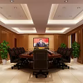 Conference Room With Wooden Walls Round Table Black Chairs Ceiling Lights TV And Green Plants