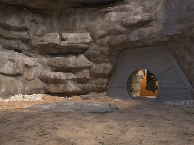Rock Cave Scene With Textured Rock Walls Arched Doorway Sandy Ground And Orange Interior Silhouette 3d model