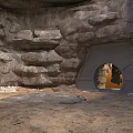 Rock Cave Scene With Textured Rock Walls Arched Doorway Sandy Ground And Orange Interior Silhouette