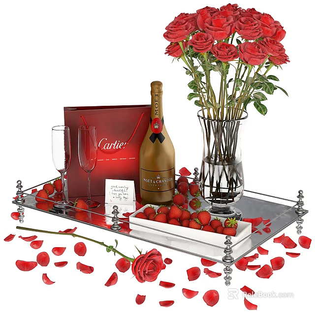 Elegant Wine Setting With Wine Bottle Wine Glasses Red Roses Strawberries And Silver Tray 3d model 