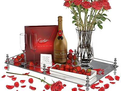 Elegant Wine Setting With Wine Bottle Wine Glasses Red Roses Strawberries And Silver Tray 3d model