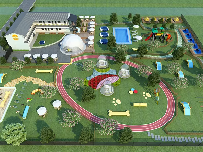 Outdoor Playground With Running Track Various Play Structures Greenery And Building 3d model