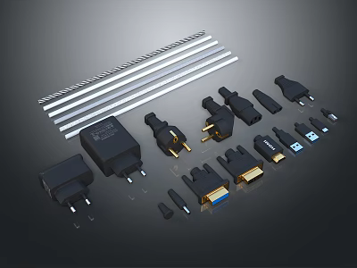 Assorted Electronic Accessories With Power Adapters Plugs USB And HDMI Cables 3d model