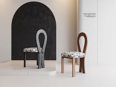 Modern Gray And Brown Dining Chairs With Patterned Seats On White Platform Black Arched Wall 3d model