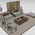 Chinese Style Sofa Coffee Table Set With Screen Floor Lamp Wooden Chairs And Woven Rug