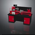 Red Lathe Machine With Digital Control Panel On Workbench With Red Cabinets