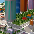 Cartoon City Scene With Colorful Tall Buildings Low Rise Structures Green Lawns And Trees