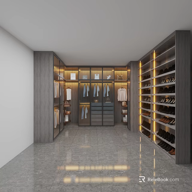 Modern Walk-in Wardrobe Interior Design With Hanging Clothes Drawers And Shoe Racks 3d model 