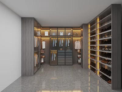 Modern Walk-in Wardrobe Interior Design With Hanging Clothes Drawers And Shoe Racks 3d model