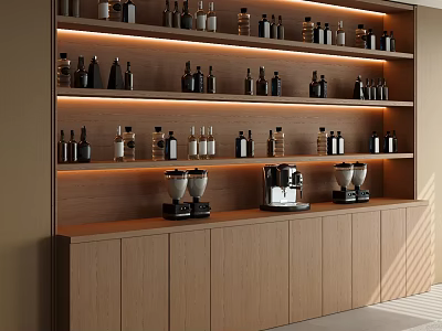 Modern Kitchen Wooden Shelf Unit With Multiple Shelves Bottles And Lower Cabinets 3d model