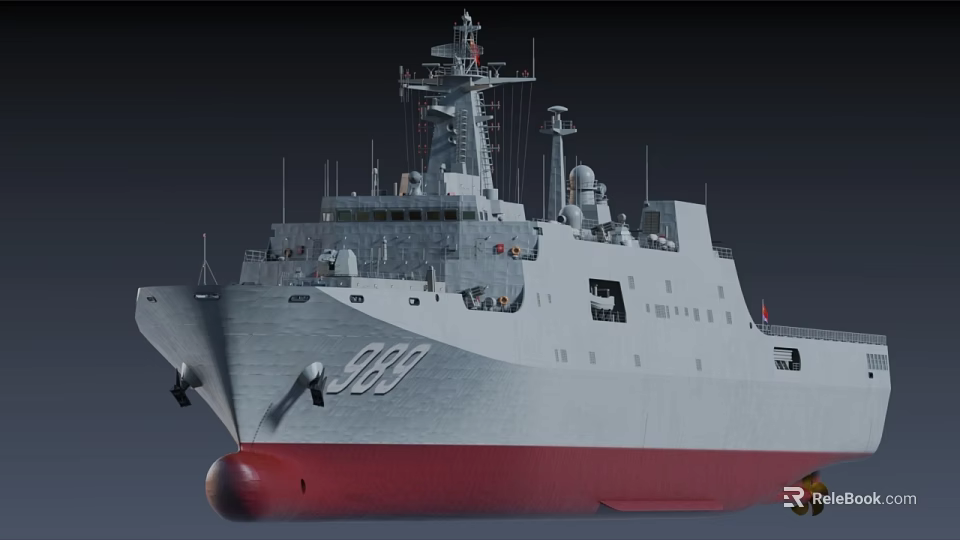Warship With White And Red Hull Number 889 And Radar Antenna Systems 3d model 