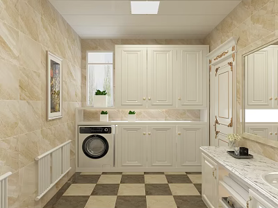 Elegant Classic European Bathroom With Marble Tiles Built In Washing Machine And Spacious Storage Cabinets 3d model