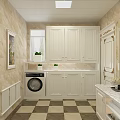 Elegant Classic European Bathroom With Marble Tiles Built In Washing Machine And Spacious Storage Cabinets