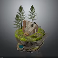 Brick Cabin On Island With Pine Trees Grass And Stairs Leading To Water