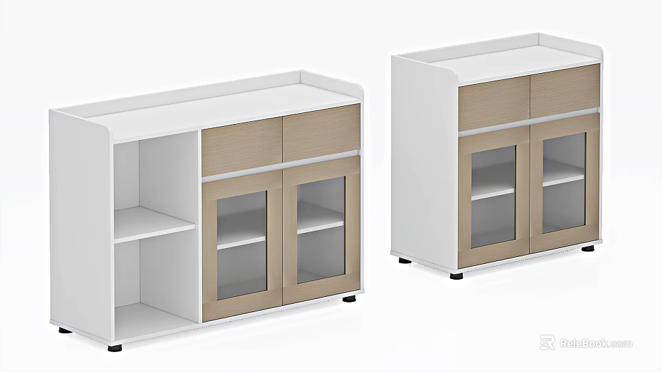 Modern White And Light Wood Sideboard With Glass Doors And Open Shelves Storage Cabinet 3d model 