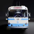 Vintage Blue And White Trolleybus With Overhead Wires On Black Background