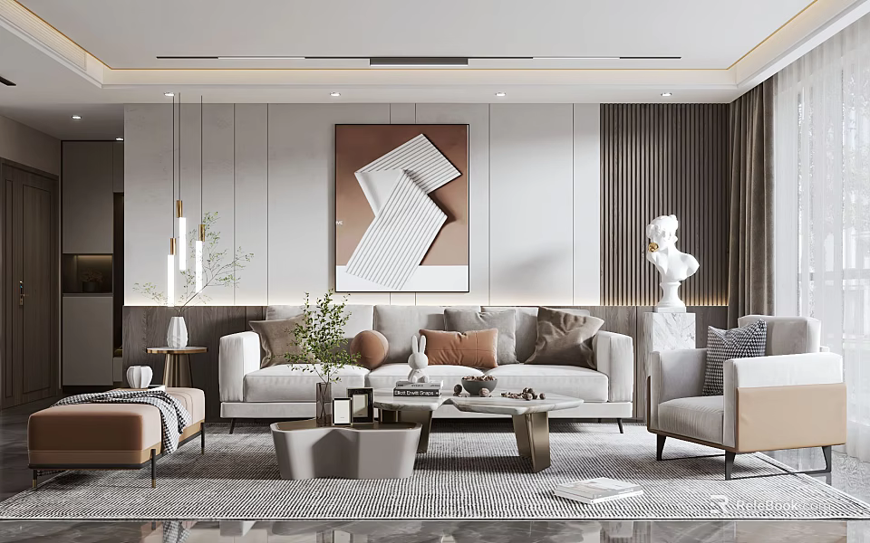 Elegant Modern Living Room Interior With Sofa Pillows Coffee Table And Artwork 3d model 