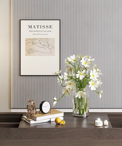 Elegant Decorative Ornament Set With White Flowers In Vase Clock And Decorative Painting On Table 3d model