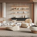 Elegant Modern Living Room Interior With Beige Sofa Armchair Round Coffee Table And Decor Shelves