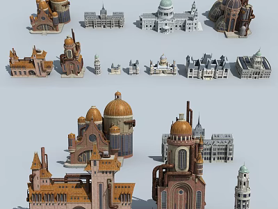 European Architecture Miniature Models Featuring Domes Towers Spires And Various Styles 3d model