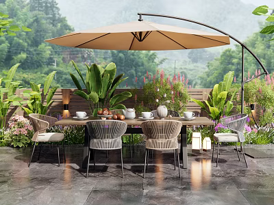 Outdoor Table with Cantilever Umbrella Chairs and Lush Greenery in Natural Garden Setting 3d model