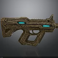 Sci Fi Weapon Design With Golden Intricate Carvings And Blue Glowing Elements