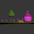 Colorful Cartoon Scene With Green Grass Pink Bridge Blue Stream And Purple Benches