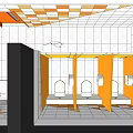 Public Restroom Interior With Orange White Tiles Geometric Patterns Stalls And Washbasin Mirror