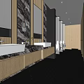 Modern Public Restroom Interior With Marble Countertops Sinks Wooden Elements And Urinals