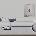 Cozy White Sofa Set With Pillows Cat On Rug Floor Lamp And Wall Art