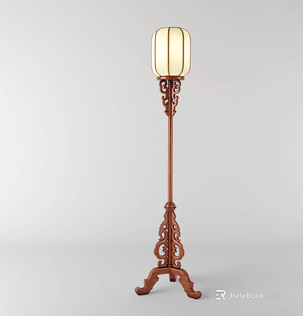 Traditional Chinese Style Floor Lamp With Intricate Wooden Carved Base And White Lampshade 3d model 