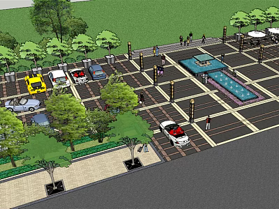 Urban Square Layout With Vehicles Pedestrians Trees And Central Water Pool Design 3d model