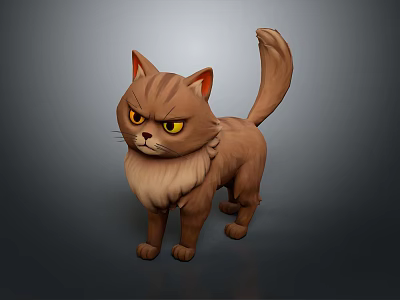 Cartoon Brown Cat With Yellow Eyes Fluffy Fur And Angry Expression 3d model