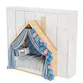 House Shaped Kids Bed With Blue Curtains Moon Star Decor And Plush Toys