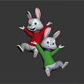 Two Happy Cute Rabbits Jumping In Red And Green Sweaters With Smiling Faces