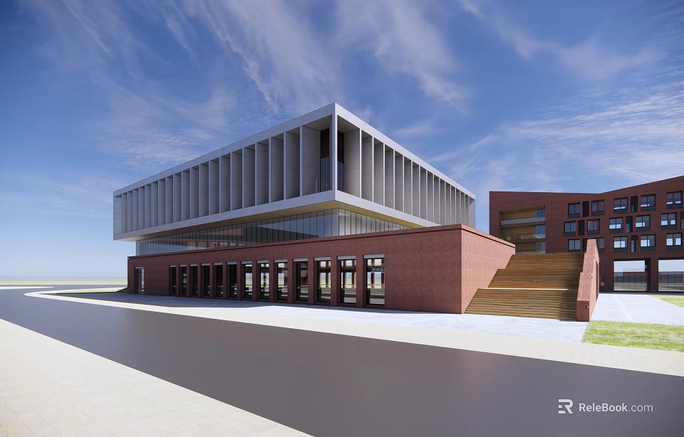 Modern Office Building With Red Brick Exterior Glass Facade And Staircase 3d model 