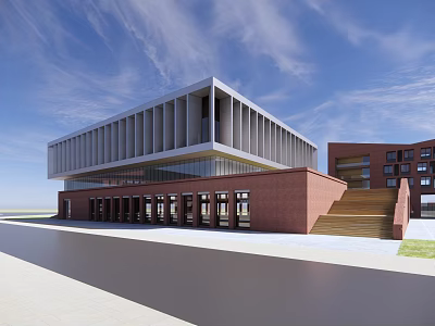 Modern Office Building With Red Brick Exterior Glass Facade And Staircase 3d model
