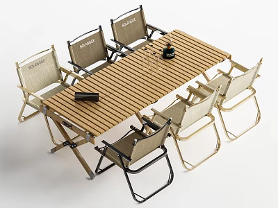 Modern Outdoor Dining Table and Chairs Set With Wooden Top Metal Frame Backrest Chairs 3d model