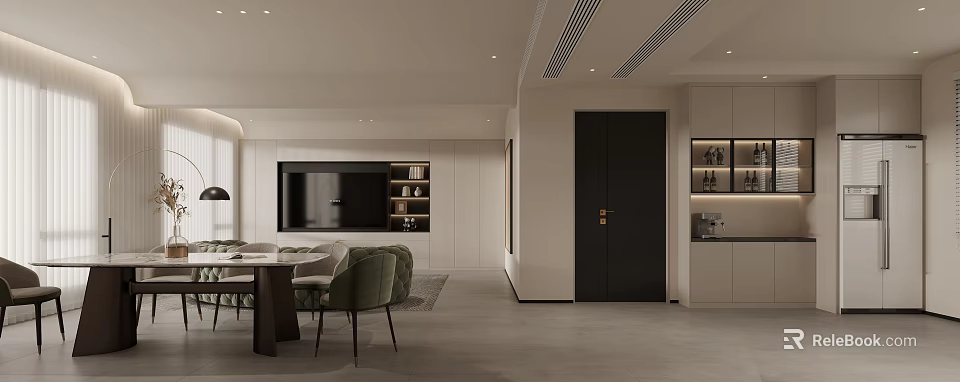 Modern Living and Dining Room Interior With Neutral Sofa Dining Table And TV Unit 3d model 
