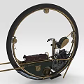 Unique Vintage Motorcycle With Large Circular Frame Metal Parts And Retro Engine