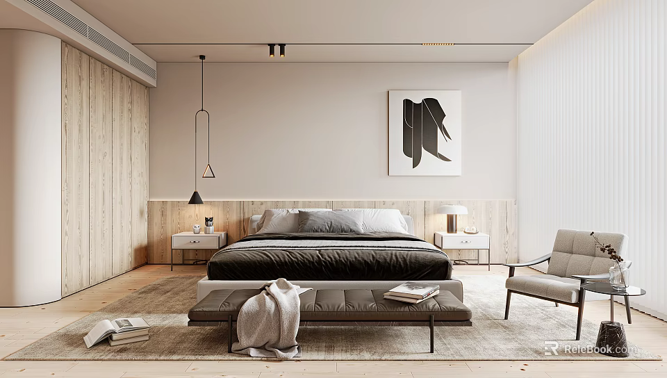 Modern Bedroom Interior With King Bed Nightstands Hanging Lamp Accent Chair And Abstract Art 3d model 