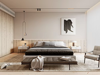 Modern Bedroom Interior With King Bed Nightstands Hanging Lamp Accent Chair And Abstract Art 3d model