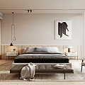 Modern Bedroom Interior With King Bed Nightstands Hanging Lamp Accent Chair And Abstract Art