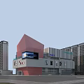 Modern Commercial Complex With Red Architectural Design IMAX Cinema And Retail Stores