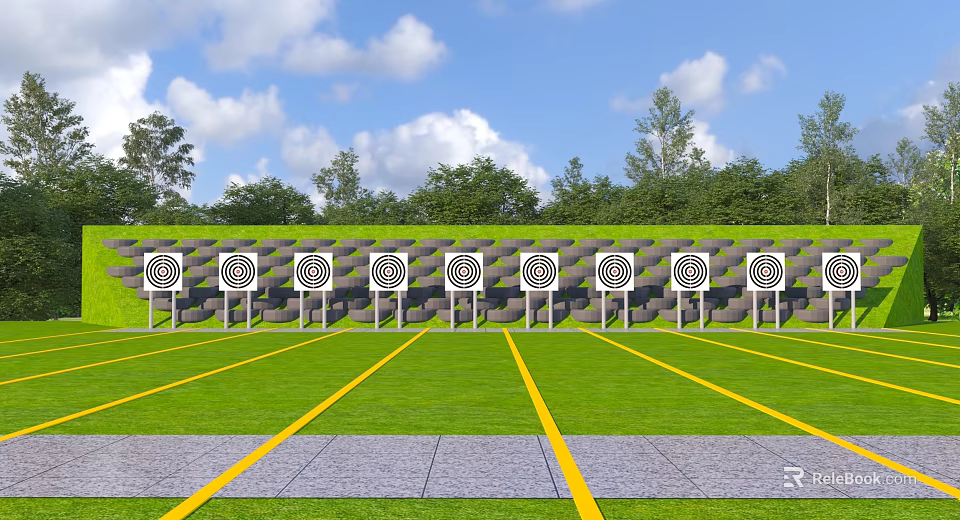 Outdoor Play Equipment With Target Shaped Concentric Circles On Green Grass And Yellow Track Lines 3d model 