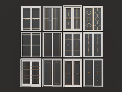 Various Design Sliding Doors With Glass Patterns And Gold Accent Frames 3d model