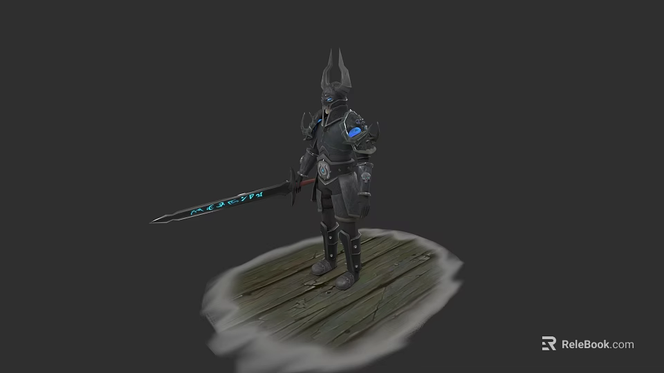 Game Fantasy Character In Black Spiked Helmet Armor With Blue Long Sword On Wooden Platform 3d model 