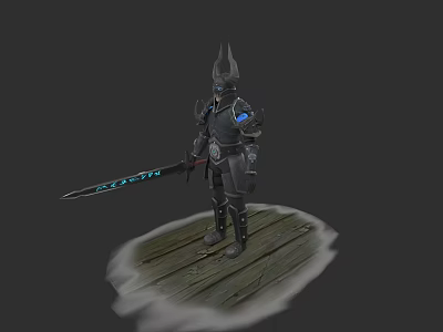 Game Fantasy Character In Black Spiked Helmet Armor With Blue Long Sword On Wooden Platform 3d model