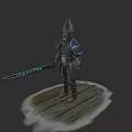 Game Fantasy Character In Black Spiked Helmet Armor With Blue Long Sword On Wooden Platform
